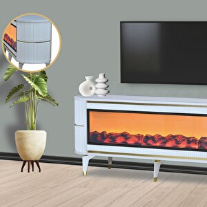 Dekoratif Şömineli Tv Sehpası Uygulamalı 7 Renk Hoparlörlü Beyaz Altın Detaylı160x67x40 Cm