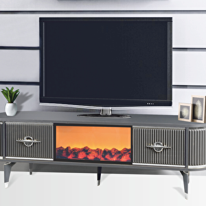 Maya Şömineli Tv Sehpası Antrasit Gümüş Şeritli Oval Tasarım Alev Efektli 2 Çekmeceli  180x53x40 Cm