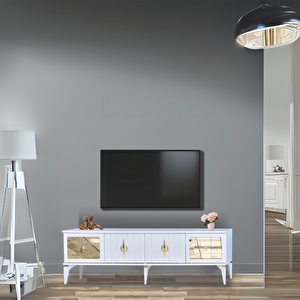 Tuna Tv Sehpası Beyaz 4 Kapaklı Ayna Detaylı Altın Kulplu 160x52x36 Cm