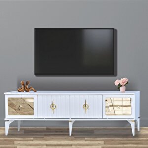 Tuna Tv Sehpası Beyaz 4 Kapaklı Ayna Detaylı Altın Kulplu 160x52x36 Cm