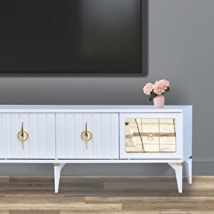 Tuna Tv Sehpası Beyaz 4 Kapaklı Ayna Detaylı Altın Kulplu 160x52x36 Cm