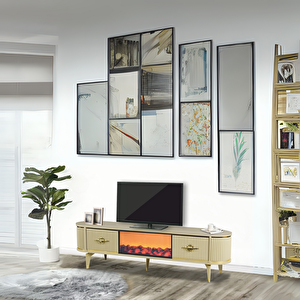 Maya Şömineli Tv Sehpası Cappuccino Gold Mebran Kapaklı 2 Kapaklı Yapay Alev Efektli 180x40x50 Cm