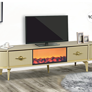 Maya Şömineli Tv Sehpası - Cappuccino - Gold