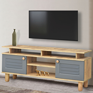 Helena Tv Sehpası Atlantik Çam Antrasit 2 Kapaklı Açık Raflı Bölmeli Tasarım 140x36x60 Cm