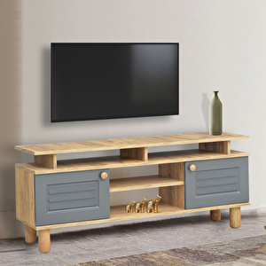 Helena Tv Sehpası Atlantik Çam Antrasit 2 Kapaklı Açık Raflı Bölmeli Tasarım 140x36x60 Cm