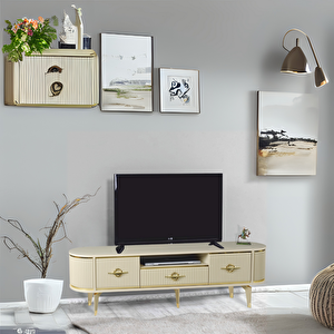 Duru Tv Sehpası Cappuccino Gold 2 Kapaklı 1 Çekmeceli Mebran Kapaklı Oval Tasarım 180x40x50 Cm