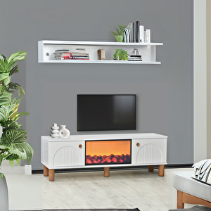 Lidya Şömineli Tv Sehpası Şık Kapaklı Tasarım 36 Inç Ekran Üzeri Uyumlu 150x36x50 Cm
