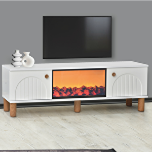 Lidya Şömineli Tv Sehpası Şık Kapaklı Tasarım 36 Inç Ekran Üzeri Uyumlu 150x36x50 Cm
