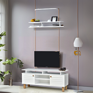 Helena Tv Sehpası Beyaz 2 Kapaklı Açık Raflı Mebran Detaylı 140x36x60 Cm