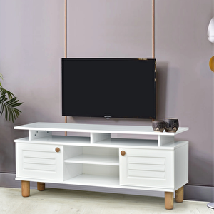Helena Tv Sehpası Beyaz 2 Kapaklı Açık Raflı Mebran Detaylı 140x36x60 Cm