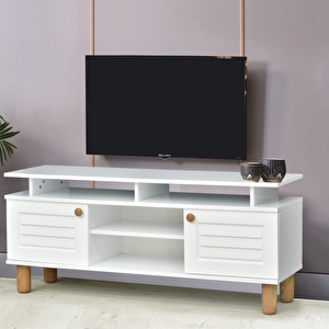 Helena Tv Sehpası Beyaz 2 Kapaklı Açık Raflı Mebran Detaylı 140x36x60 Cm