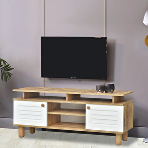 Helena Tv Sehpası Beyaz 2 Kapaklı Açık Raflı Ahşap Görünümlü Atlantik Çam 140x60x36 Cm