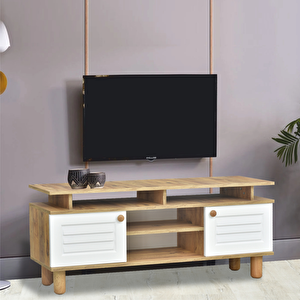 Helena Tv Sehpası Beyaz 2 Kapaklı Açık Raflı Ahşap Görünümlü Atlantik Çam 140x60x36 Cm