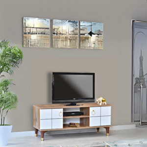Lena Tv Sehpası Atlantik Çam Beyaz 2 Kapaklı Orta Raflı Sehpa 130x36x50 Cm