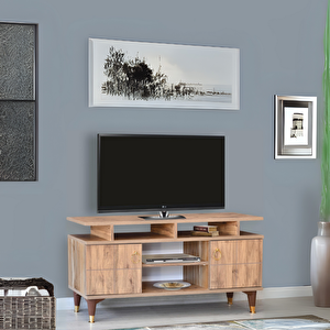 Mega Tv Sehpası Atlantik Çam Kapaklı Raflı Gold Detaylı Sehpa 130x36x59 Cm