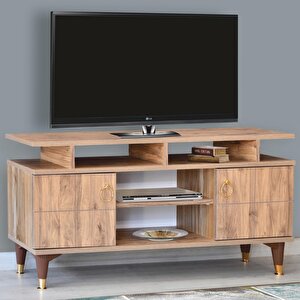 Mega Tv Sehpası Atlantik Çam Kapaklı Raflı Gold Detaylı Sehpa 130x36x59 Cm