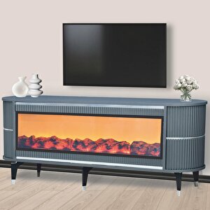 Dekoratif Şömineli Tv Sehpası Uygulamalı 7 Renk Hoparlörlü Antrasit Gümüş Detaylı 160x67x40 Cm