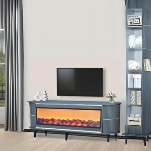 Dekoratif Şömineli Tv Sehpası Uygulamalı 7 Renk Hoparlörlü Antrasit Gümüş Detaylı 160x67x40 Cm