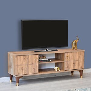 Lenatv Sehpası Atlantik Çam 2 Kapaklı Gold Halkalı Kulplu Yerden Yüksek 130x36x50 Cm