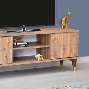 Lenatv Sehpası Atlantik Çam 2 Kapaklı Gold Halkalı Kulplu Yerden Yüksek 130x36x50 Cm