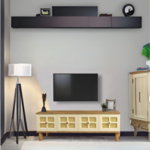 Hasırlı Tv Sehpası Atlantik Çam Krem 3 Kapaklı Hasır Desenli Doğal Görünümlü 160x36x50 Cm