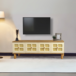 Hasırlı Tv Sehpası Atlantik Çam Krem 3 Kapaklı Hasır Desenli Doğal Görünümlü 160x36x50 Cm