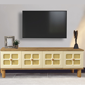 Hasırlı Tv Sehpası Atlantik Çam Krem 3 Kapaklı Hasır Desenli Doğal Görünümlü 160x36x50 Cm