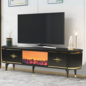 Maya Şömineli Tv Sehpası Siyah Gold 2 Kapaklı 1 Şömineli Oval Tasarım 180x40x50 Cm
