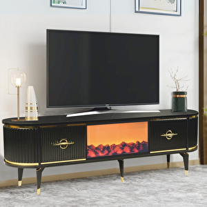 Maya Şömineli Tv Sehpası Siyah Gold 2 Kapaklı 1 Şömineli Oval Tasarım 180x40x50 Cm