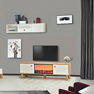 Lidya 2 Kapaklı Alev Efektli Şömineli Tv Sehpası – Ahşap Detaylı Atlantik Çam / Krem 150x50x36 Cm