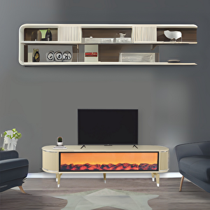 Talia Şömineli Tv Sehpası Cappuccino Gümüş Mebran Bluetooth Hoparlörlü 7 Renk Efektli 160x40x50 Cm