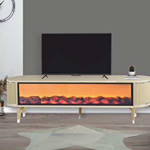 Talia Şömineli Tv Sehpası Cappuccino Gümüş Mebran Bluetooth Hoparlörlü 7 Renk Efektli 160x40x50 Cm