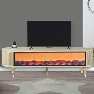 Talia Şömineli Tv Sehpası Cappuccino Gümüş Mebran Bluetooth Hoparlörlü 7 Renk Efektli 160x40x50 Cm