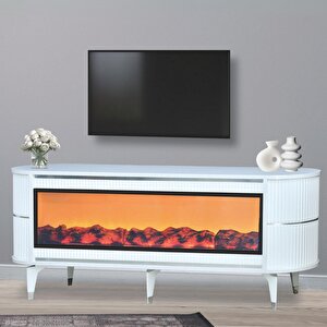 Dekoratif Şömineli Tv Sehpası Uygulamalı 7 Renk Hoparlörlü Beyaz Gümüş 160x67x40 Cm