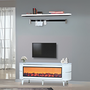 Dekoratif Şömineli Tv Sehpası Uygulamalı 7 Renk Hoparlörlü Beyaz Gümüş 160x67x40 Cm