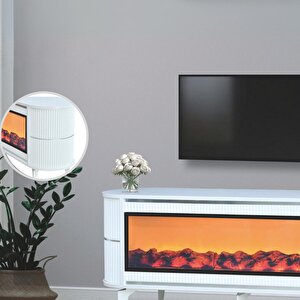 Dekoratif Şömineli Tv Sehpası Uygulamalı 7 Renk Hoparlörlü Beyaz Gümüş 160x67x40 Cm