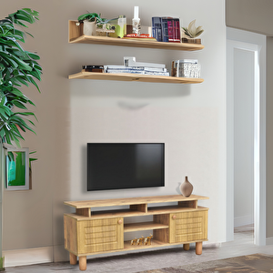 Helena Tv Sehpası Atlantik Çam Renkli Açık Raflı 2 Kapaklı Model 140x36x60 Cm