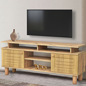 Helena Tv Sehpası Atlantik Çam Renkli Açık Raflı 2 Kapaklı Model 140x36x60 Cm