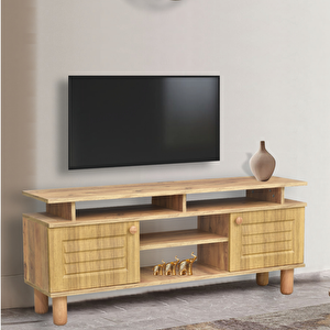 Helena Tv Sehpası Atlantik Çam Renkli Açık Raflı 2 Kapaklı Model 140x36x60 Cm