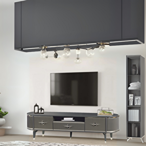 Duru Tv Sehpası Antrasit Gümüş  2 Kapaklı 1 Çekmeceli Oval Formlu Sehpa 180x40x53 Cm