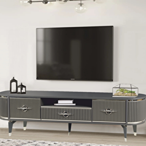 Duru Tv Sehpası Antrasit Gümüş  2 Kapaklı 1 Çekmeceli Oval Formlu Sehpa 180x40x53 Cm