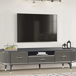 Duru Tv Sehpası Antrasit Gümüş  2 Kapaklı 1 Çekmeceli Oval Formlu Sehpa 180x40x53 Cm