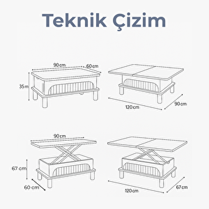 Lidya Akıllı Sehpa Beyaz Renkli Açılır Kapanır 4 Fonksiyonlu Mebran Tasarım 90x60 Cm
