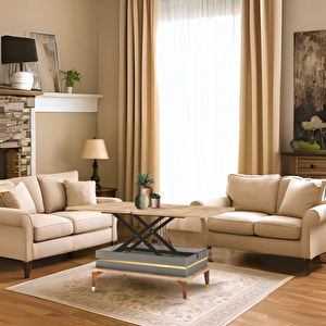 Riva Akıllı Sehpa Atlantik Çam Antrasit Gold Açılır Kapanır Fonksiyonel Sehpa 90x60 Cm