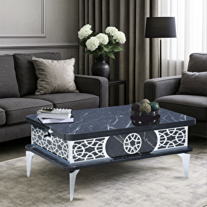 Lily Akıllı Sehpa Siyah Mermer Gümüş Desenli Çift Kademe Açılır Fonksiyonel Masa 90x60 Cm