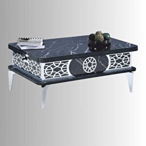 Lily Akıllı Sehpa Siyah Mermer Gümüş Desenli Çift Kademe Açılır Fonksiyonel Masa 90x60 Cm