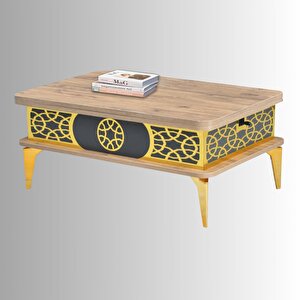 Lily Akıllı Sehpa Atlantik Çam Antrasit Gold Lazer Desenli Çok Amaçlı Tabela 90x60 Cm