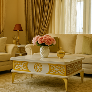 Lily Akıllı Sehpa Beyaz Gold Desenli Çok Amaçlı Fonksiyonel Sehpa 120x90x73 Cm