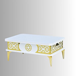 Lily Akıllı Sehpa Beyaz Gold Desenli Çok Amaçlı Fonksiyonel Sehpa 120x90x73 Cm