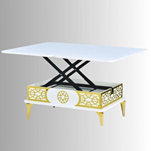 Lily Akıllı Sehpa Beyaz Gold Desenli Çok Amaçlı Fonksiyonel Sehpa 120x90x73 Cm